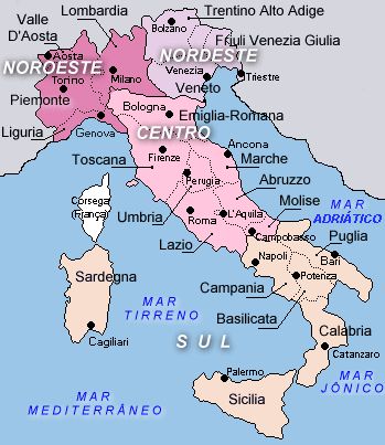 Mapa ilustrativo da Itália com destaque para Sardenha, Sicília, Toscana e Costa Amalfitana